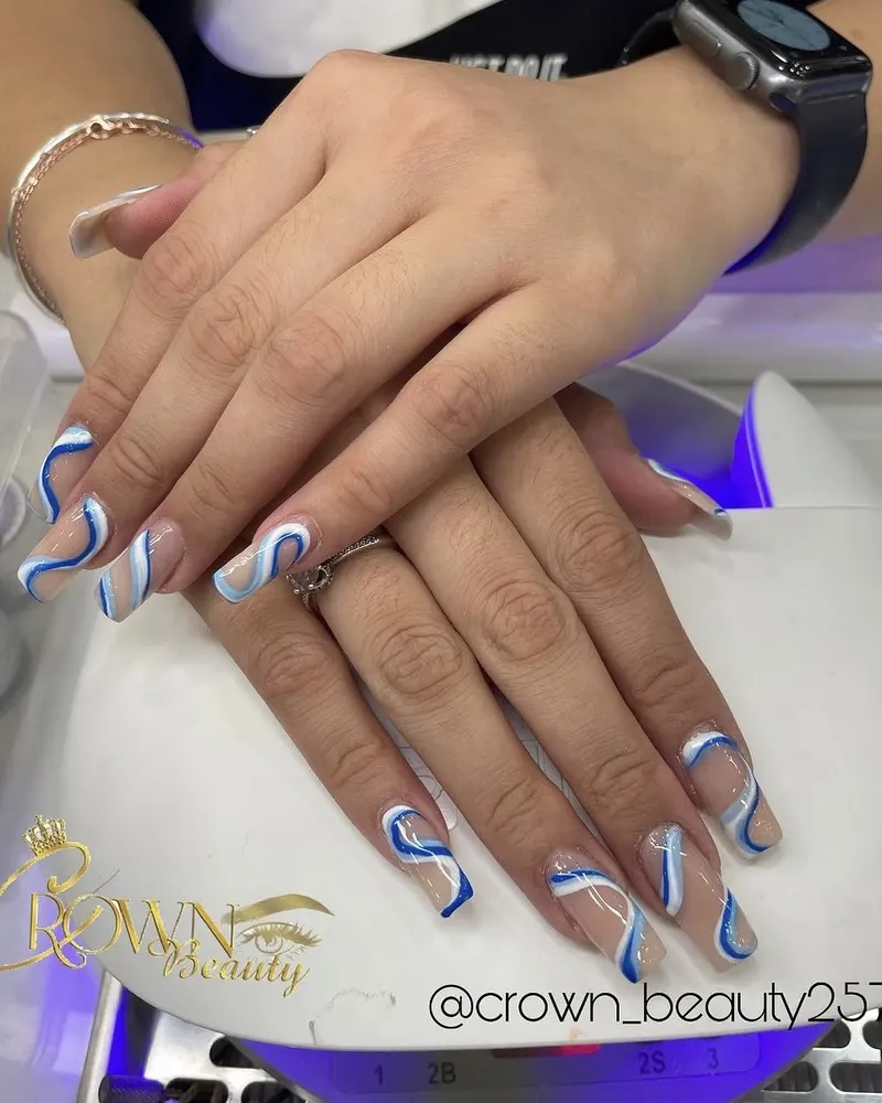 Blue and white wave nail art